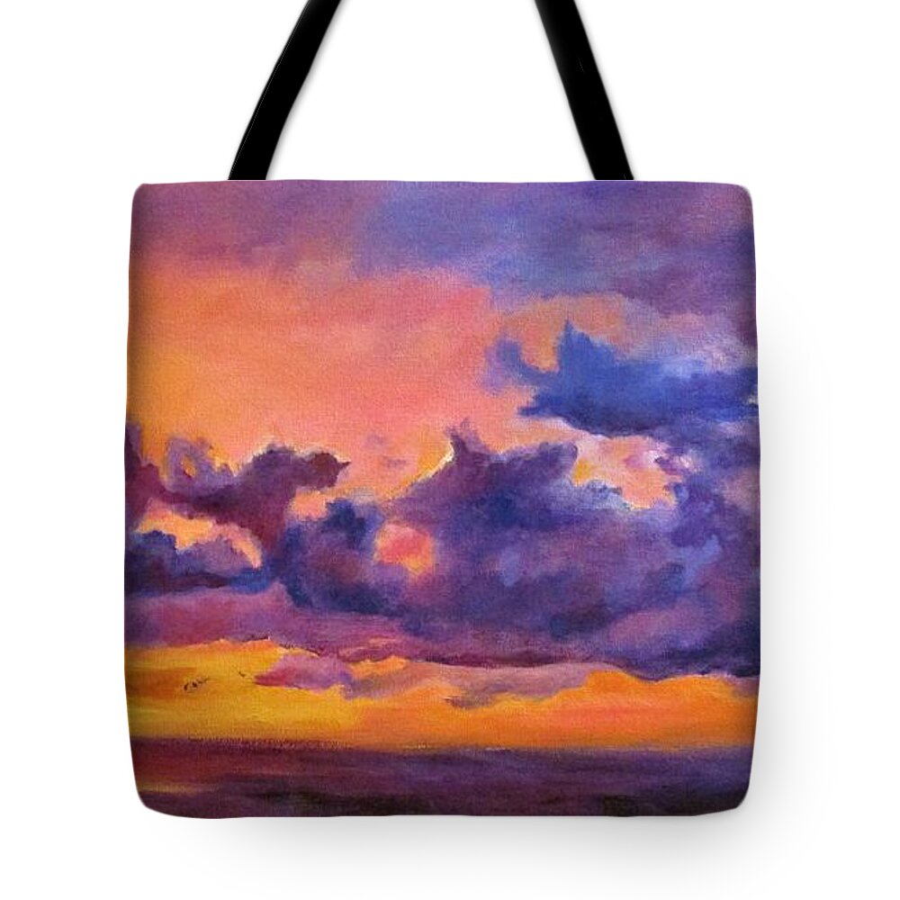 Barbara Moak Tote Bag featuring the painting Purple Skies by Barbara Moak