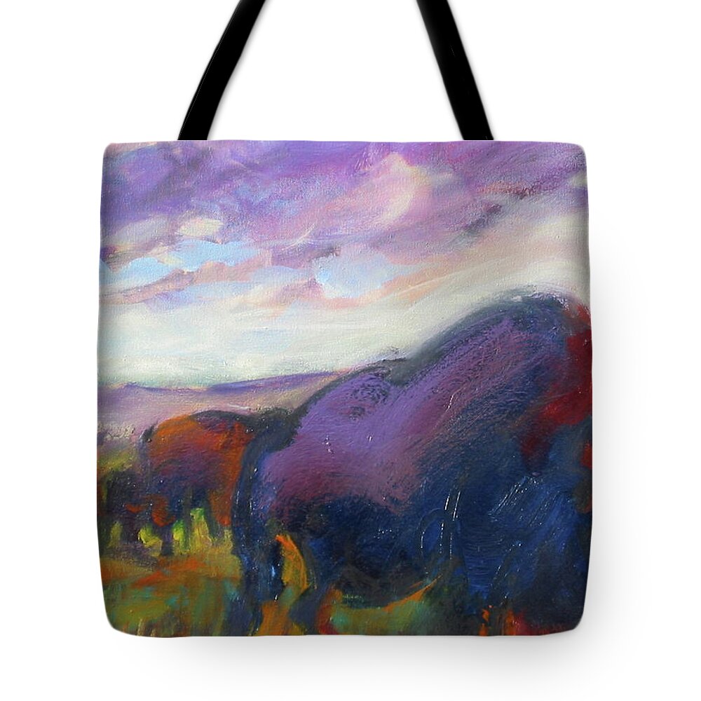Landscape Tote Bag featuring the painting Purple Sky Buffalo by Les Leffingwell