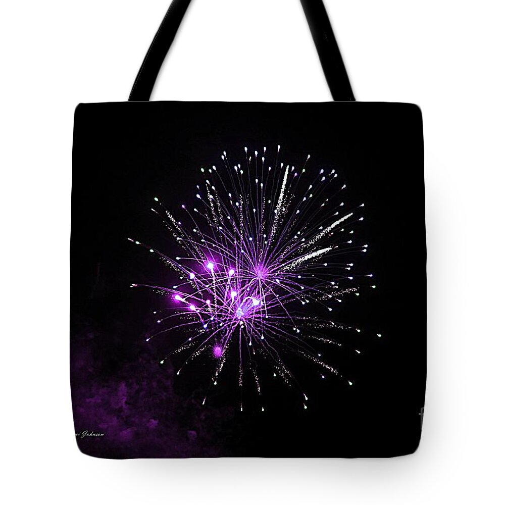 Fireworks Tote Bag featuring the photograph Purple sparkle in the Sky by Yumi Johnson