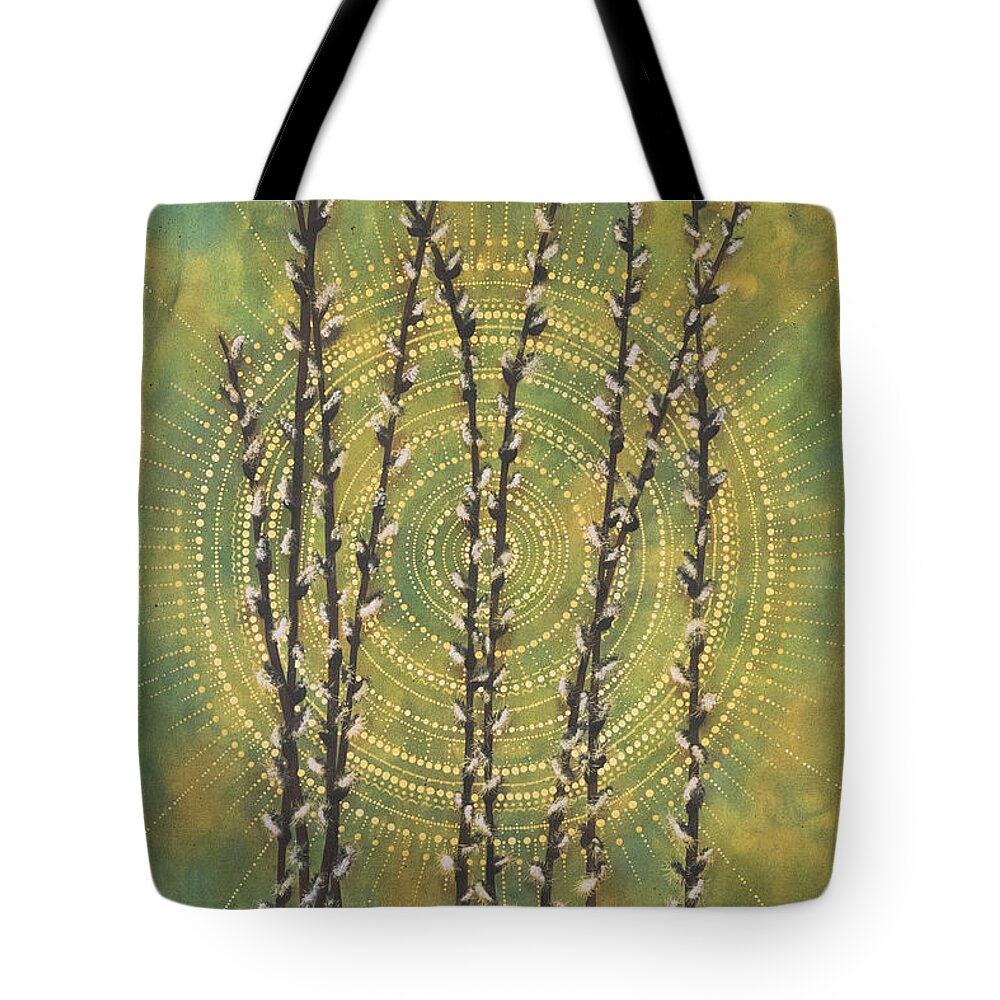 Pussy Willow Tote Bag featuring the painting Pussy Willow Mandala by Deborha Kerr