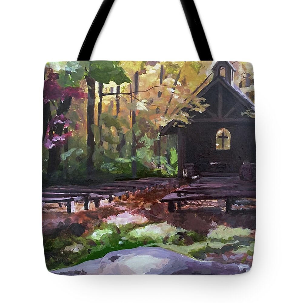 Pvm Tote Bag featuring the painting PVM Outdoor Chapel by David Maynard