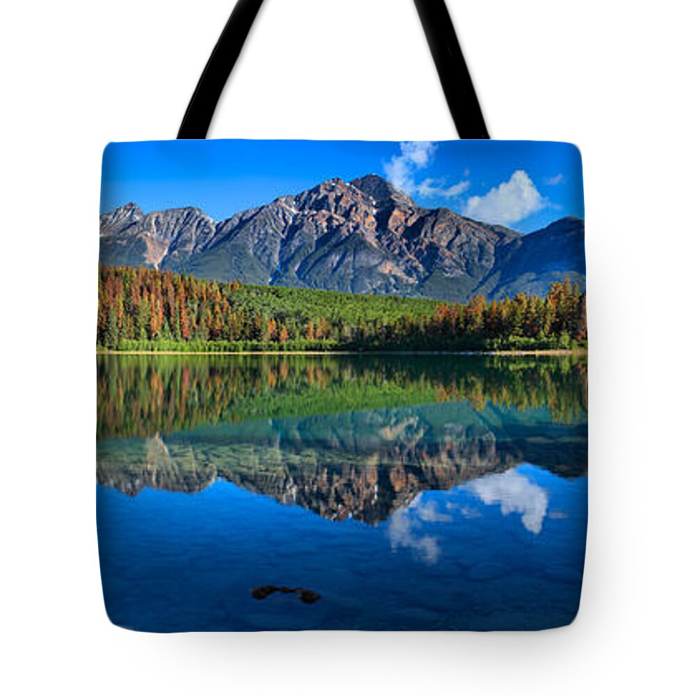 Pyramid Mountain Tote Bag featuring the photograph Pyramid Mountain Reflection Large Panorama by Adam Jewell
