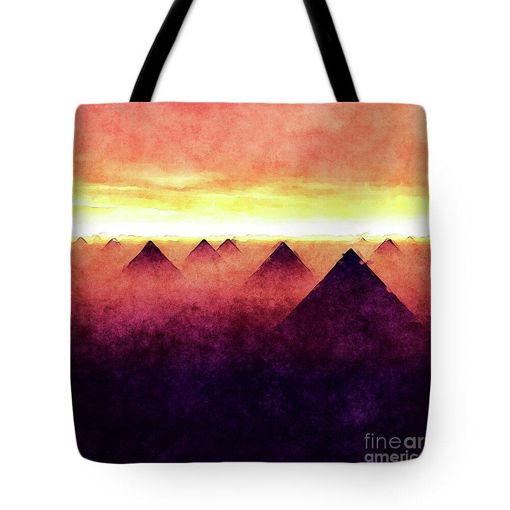 Sunrise Tote Bag featuring the digital art Pyramids At Sunrise by Phil Perkins