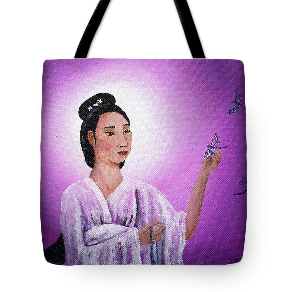 Quan Yin Tote Bag featuring the painting Quan Yin with Three Dragonflies by Laura Iverson