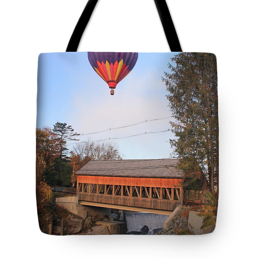 Balloon Tote Bag featuring the photograph Quechee Vermont Covered Bridge and Hot Air Balloon by John Burk