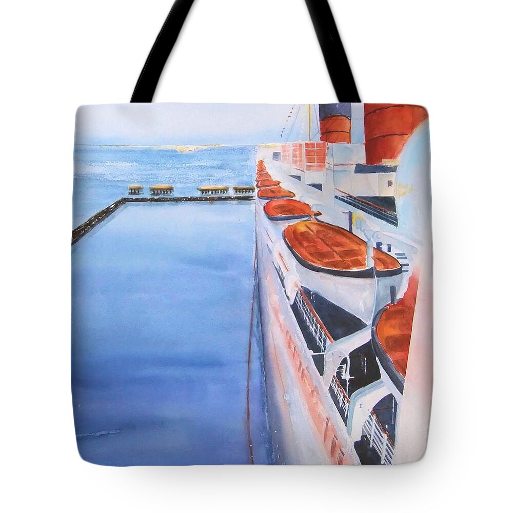 Queen Mary Tote Bag featuring the painting Queen Mary from the Bridge by Debbie Lewis