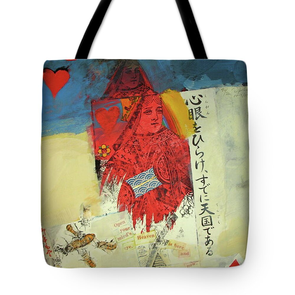 Acrylic Tote Bag featuring the mixed media Queen of Hearts 40-52 by Cliff Spohn