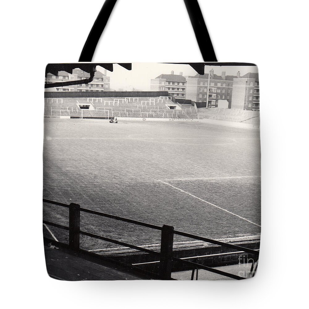 Tote Bag featuring the photograph Queens Park Rangers - Loftus Road - School End 1 - 1964 - BW by Legendary Football Grounds