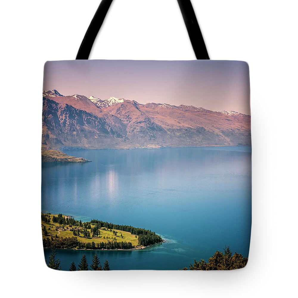 Joan Carroll Tote Bag featuring the photograph Queenstown New Zealand from Above by Joan Carroll