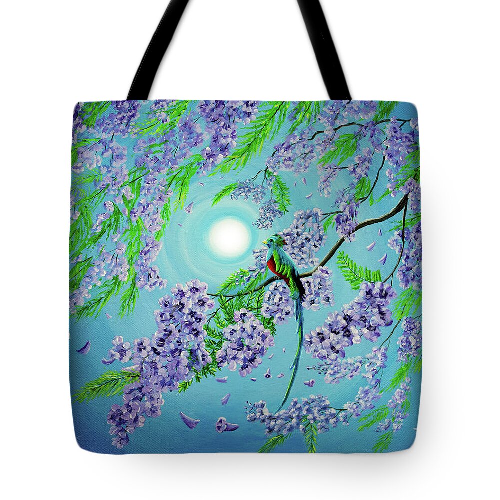 Quetzal Tote Bag featuring the painting Quetzal Bird in Jacaranda Tree by Laura Iverson