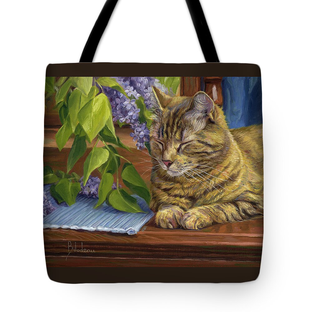 Cat Tote Bag featuring the painting Quiet Time by Lucie Bilodeau