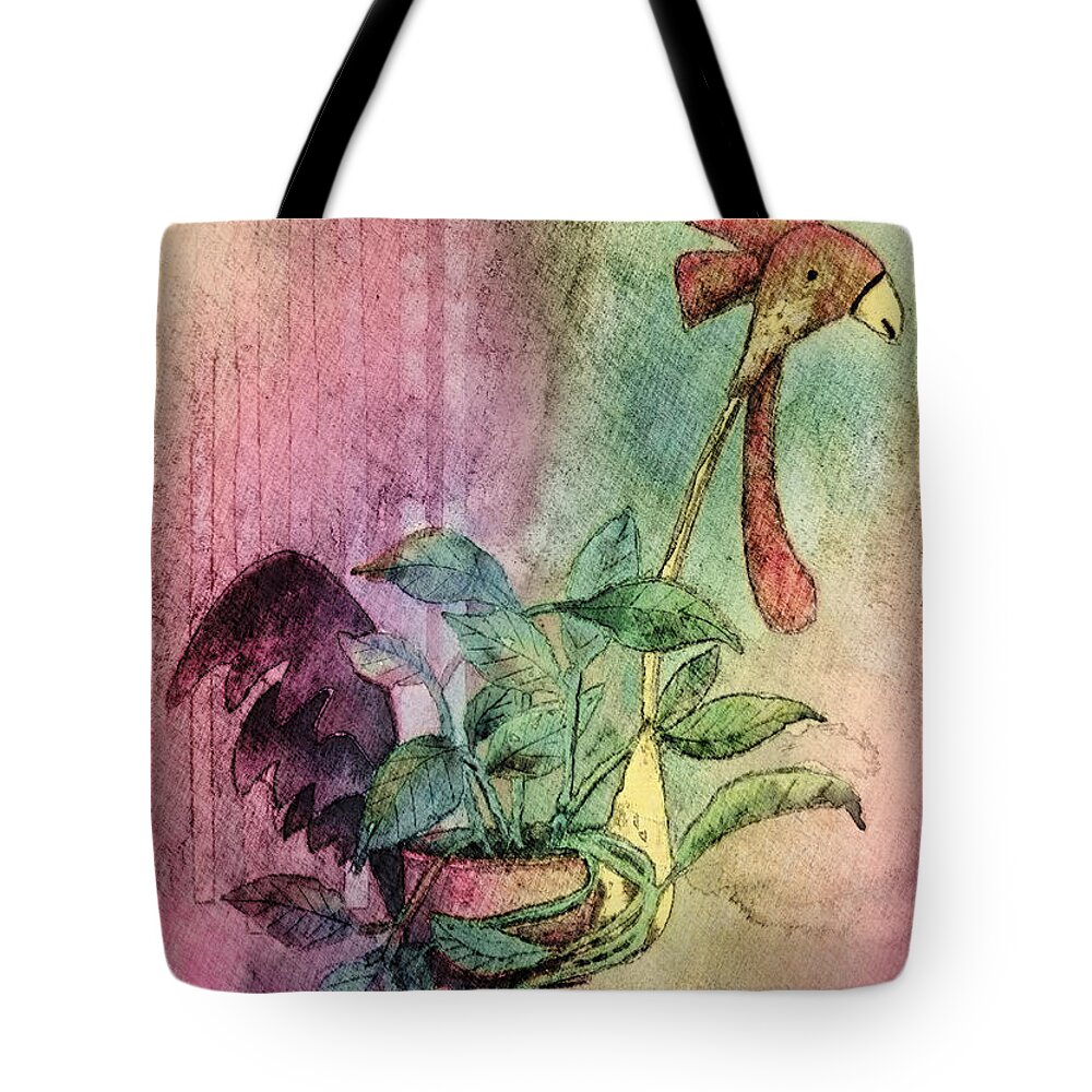 Rooster Tote Bag featuring the digital art Quirky Rooster Planter by Arline Wagner