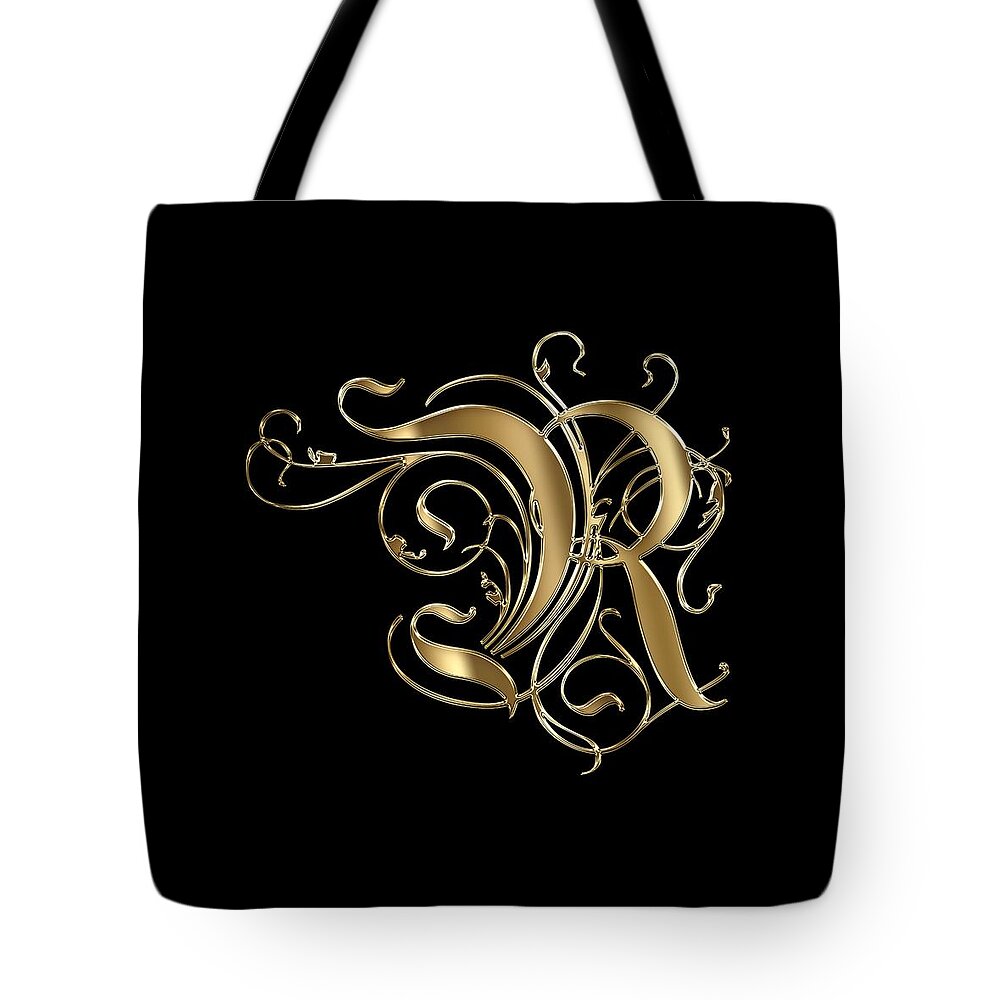 Golden Letter R Tote Bag featuring the painting R Golden Ornamental Letter Typography by Georgeta Blanaru