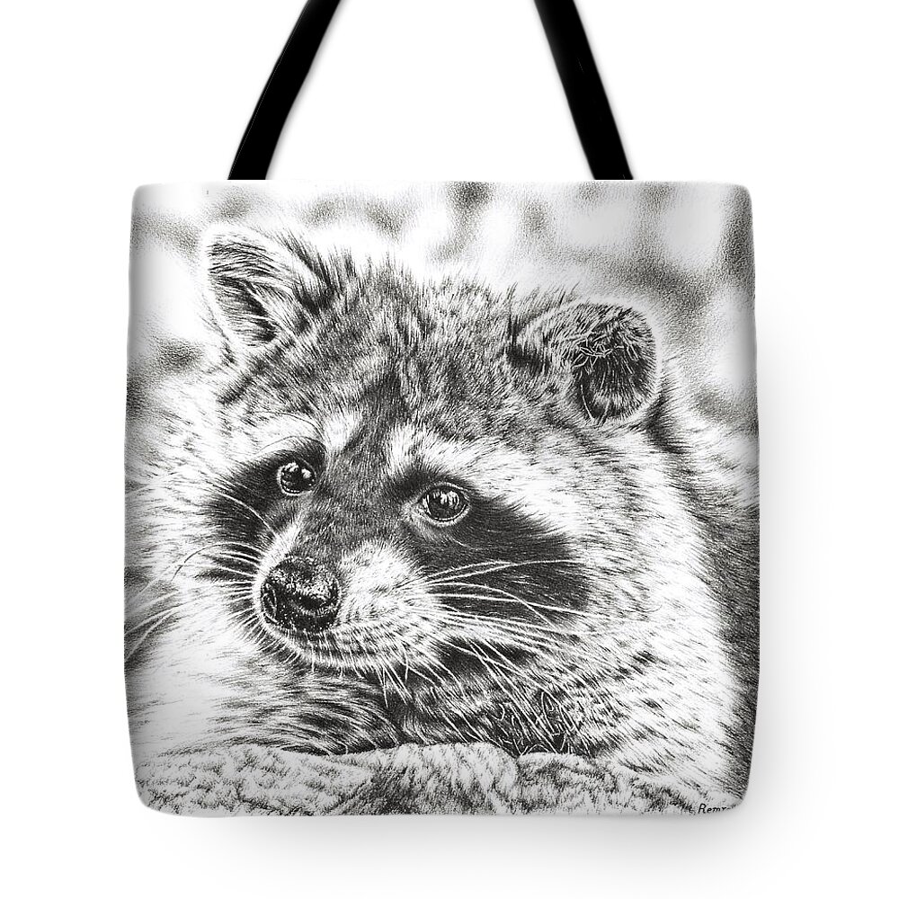 Raccoon Tote Bag featuring the drawing Raccoon by Casey 'Remrov' Vormer