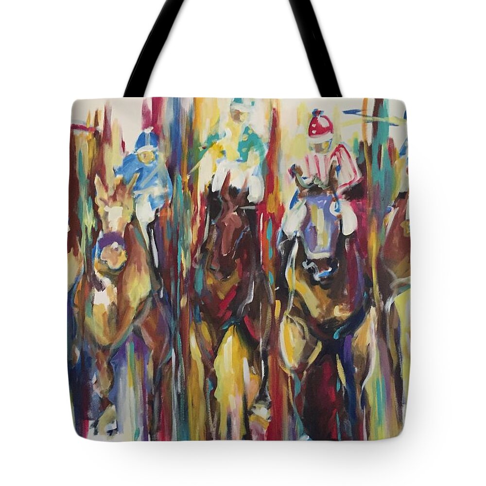 Race Horse Tote Bag featuring the painting Race track by Heather Roddy