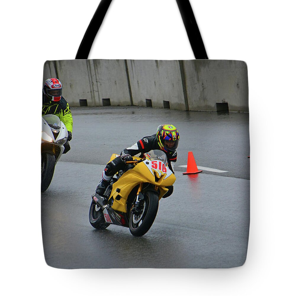 Racing Tote Bag featuring the photograph Racing in the Rain by Mike Martin