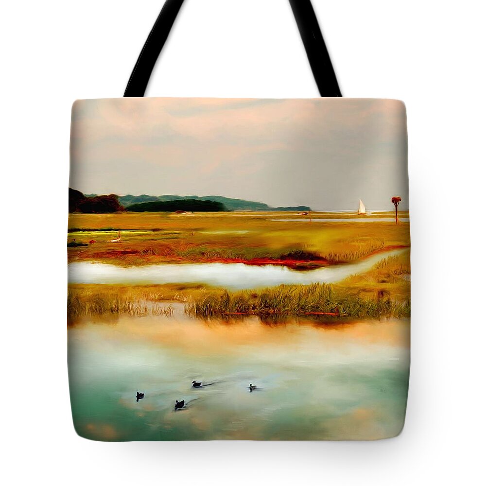 Essex River Tote Bag featuring the painting Racing the Tide by Sand And Chi