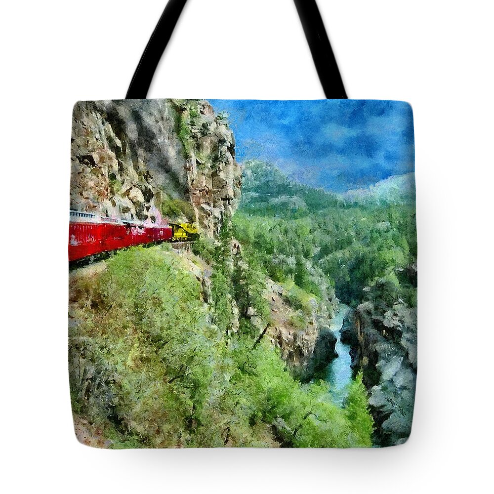 Animas Tote Bag featuring the painting Rails Above the River by Jeffrey Kolker