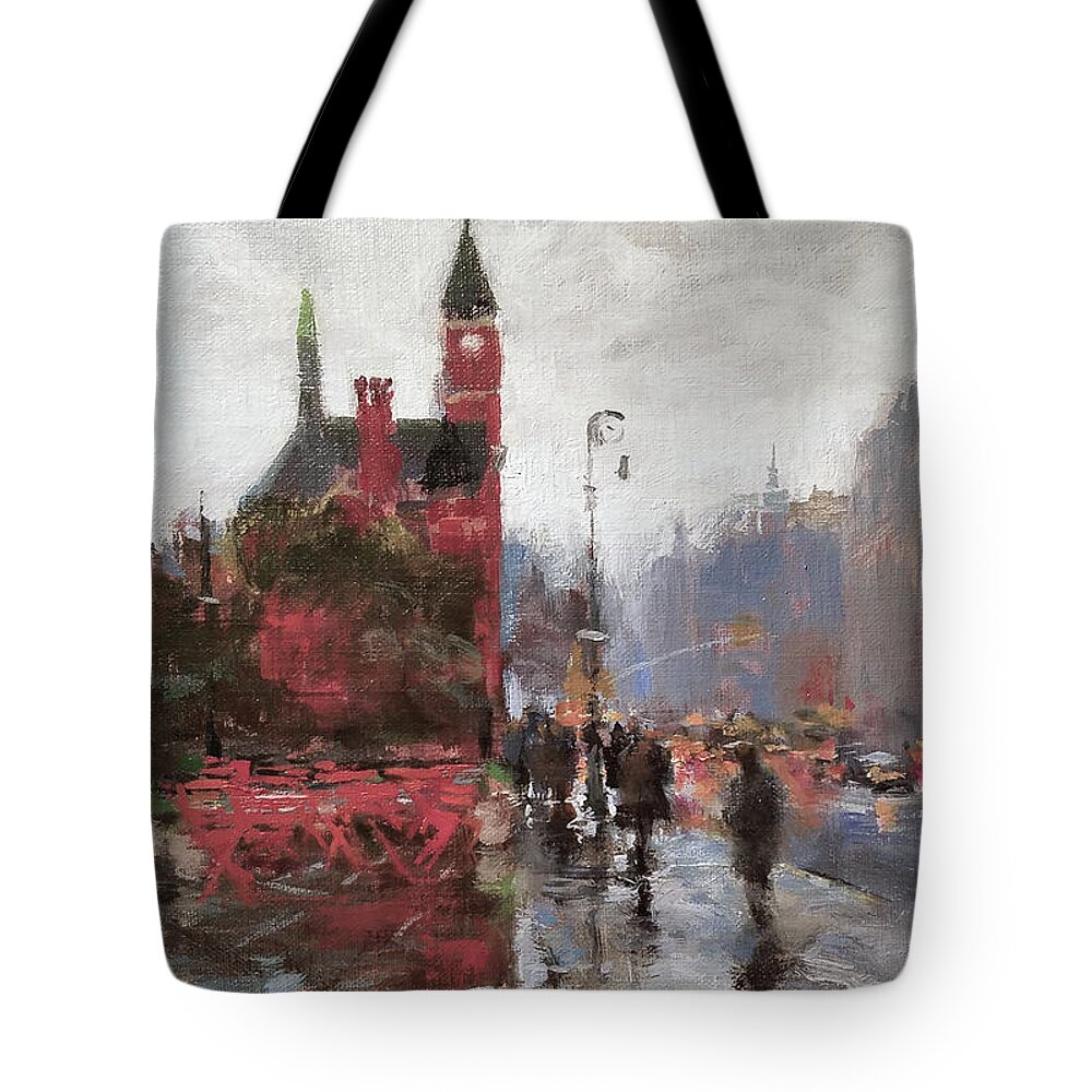 Landscape Tote Bag featuring the painting Rain on Sixth Avenue by Peter Salwen