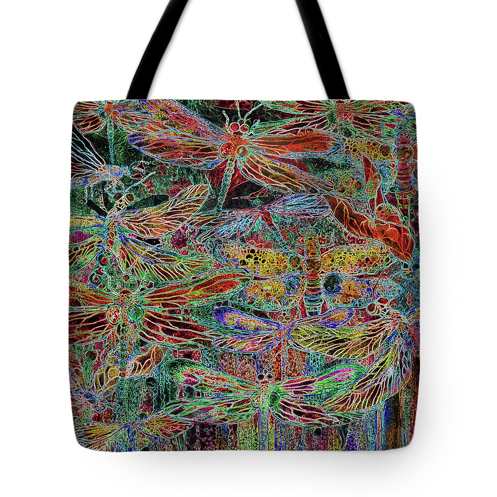 Carol Cavalaris Tote Bag featuring the mixed media Rainbow Dragonflies by Carol Cavalaris