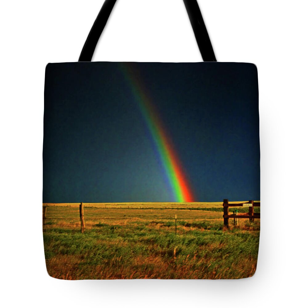 Rainbow Tote Bag featuring the photograph Rainbow In A Field 001 by George Bostian
