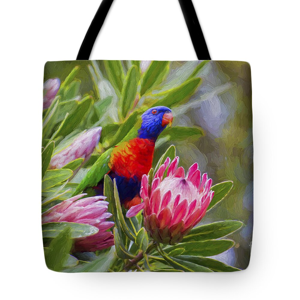 Protea Tote Bag featuring the photograph Rainbow lorikeet in protea bush by Sheila Smart Fine Art Photography