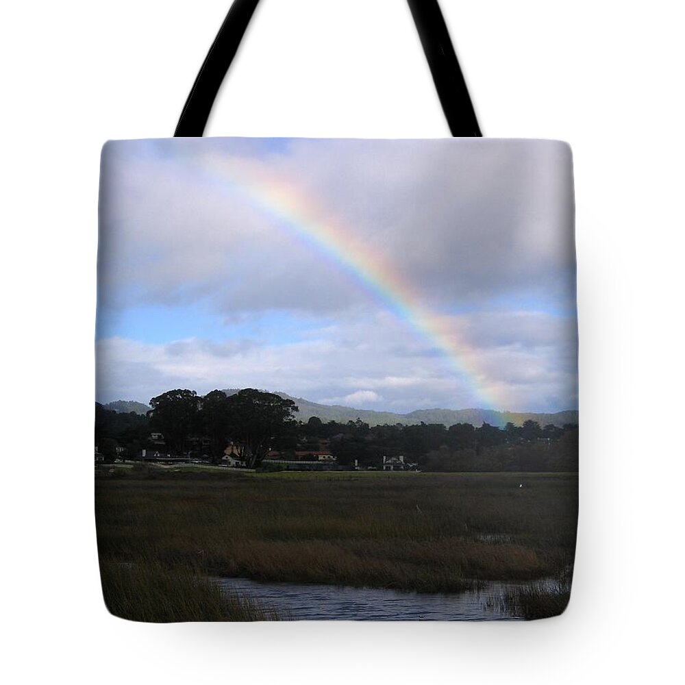 Rainbow Tote Bag featuring the photograph Rainbow Over Carmel Wetlands by James B Toy