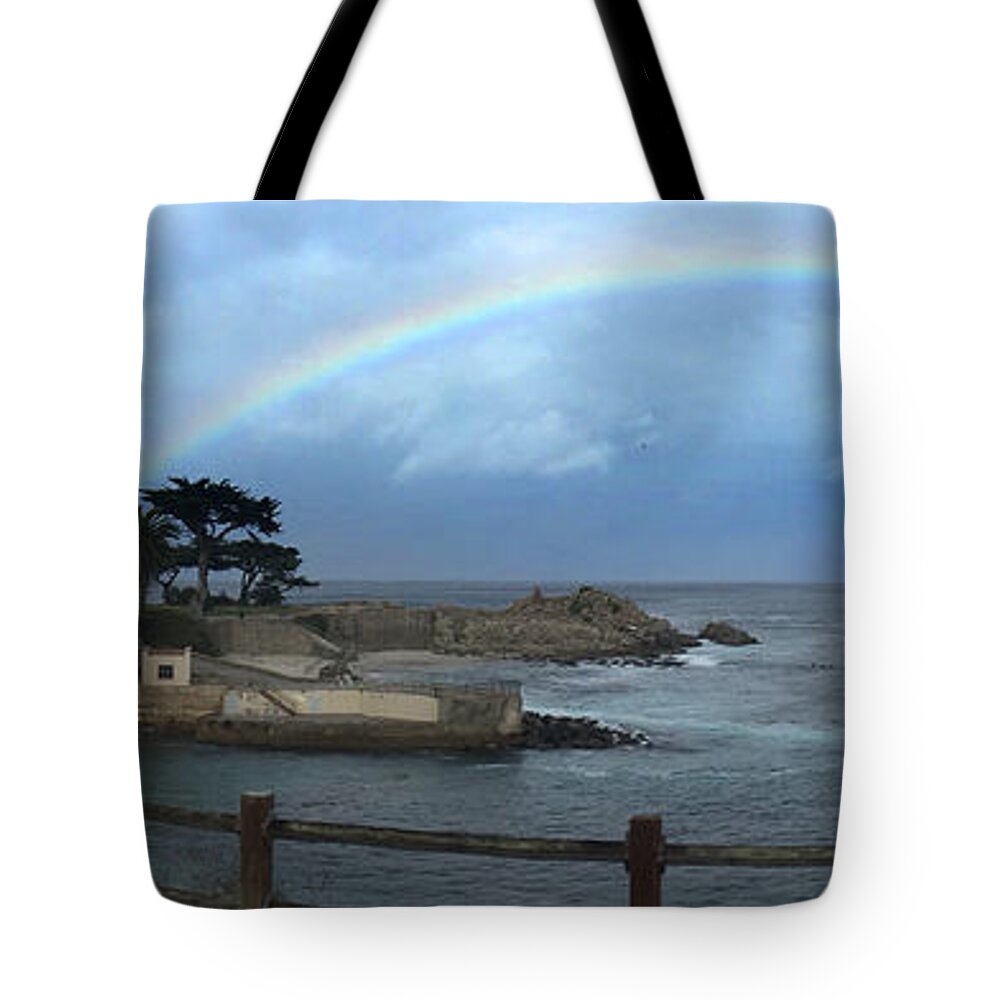 Rainbow Tote Bag featuring the photograph Rainbow over Lovers Point Pacific Grove 2015 by Monterey County Historical Society