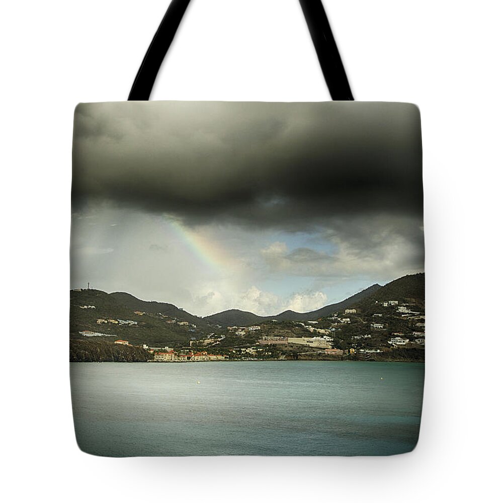 St Maarten Tote Bag featuring the photograph Rainbow over St. Maarten by Coby Cooper