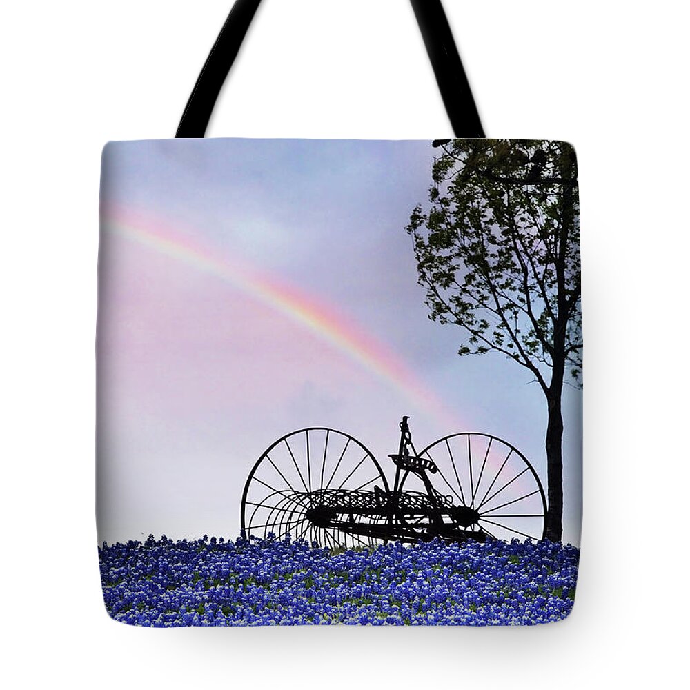 Agriculture Tote Bag featuring the photograph Rainbow Over Texas Bluebonnets by David and Carol Kelly