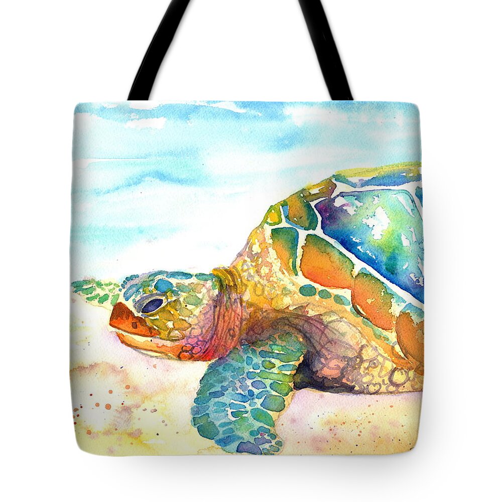 Turtle Tote Bag featuring the painting Rainbow Sea Turtle by Marionette Taboniar