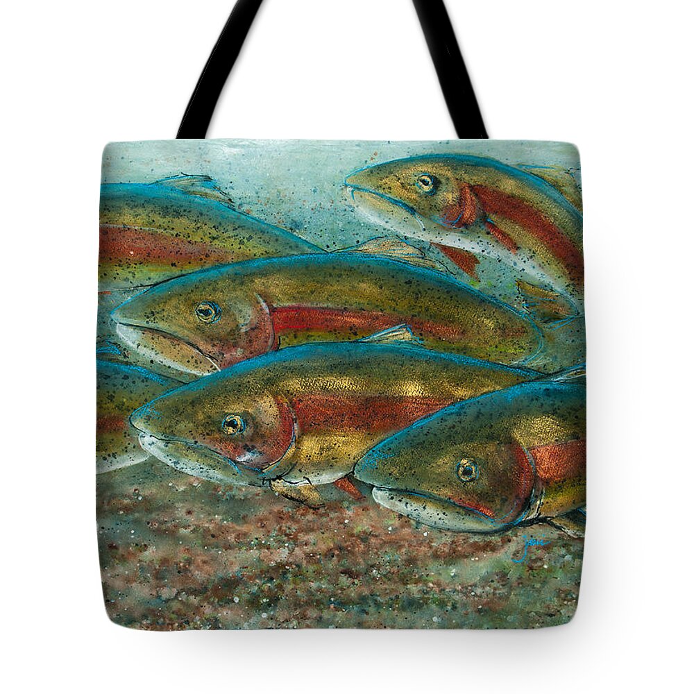 Fish Tote Bag featuring the painting Rainbow Trout Fish Run by Jani Freimann