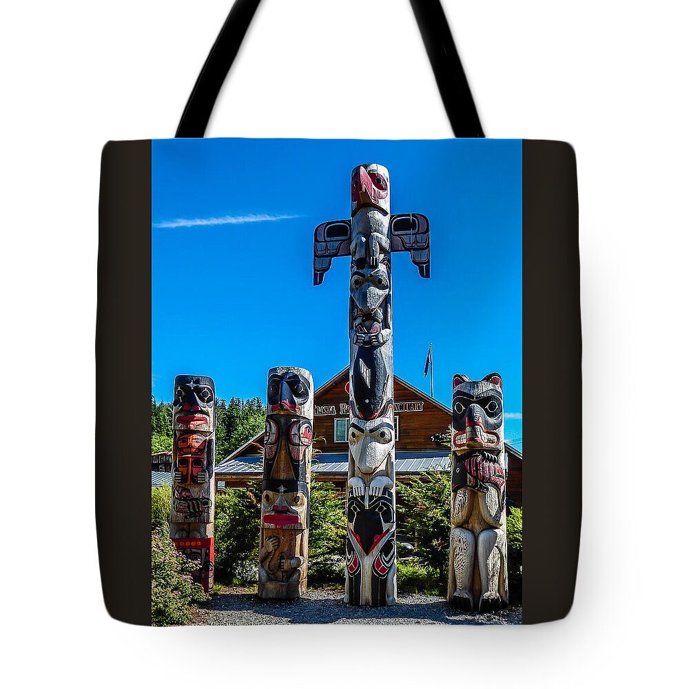 Alaska Tote Bag featuring the photograph Rainforest Sanctuary Totems by Pamela Newcomb