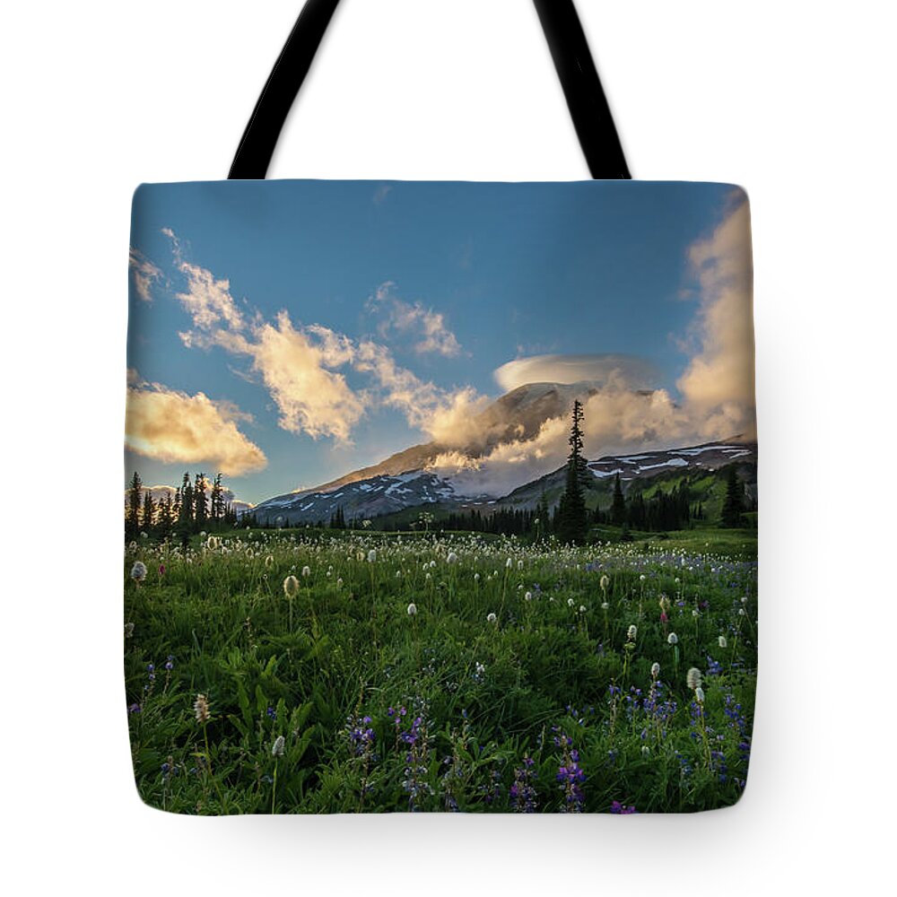 Mount Rainier Tote Bag featuring the photograph Rainier Wildflowers Golden Lenticular Sunset by Mike Reid