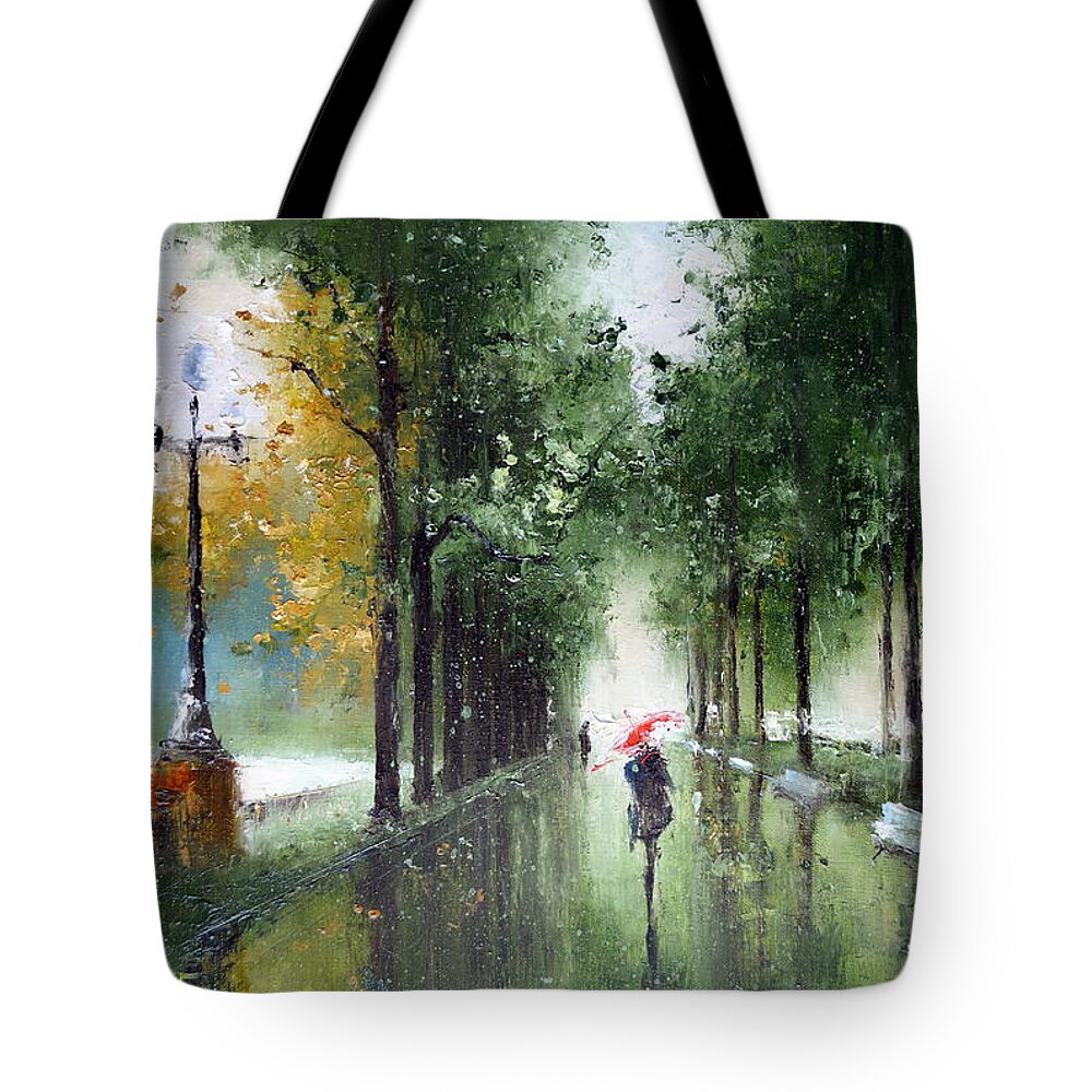Russian Artists New Wave Tote Bag featuring the painting Rainy Autumn by Igor Medvedev