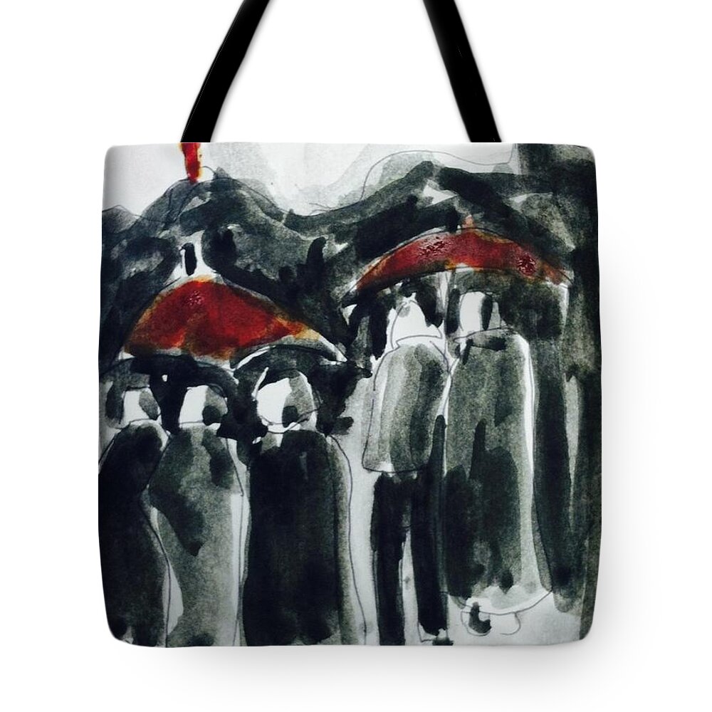 Rainy On Street Tote Bag featuring the painting Rainy day on street by Hae Kim