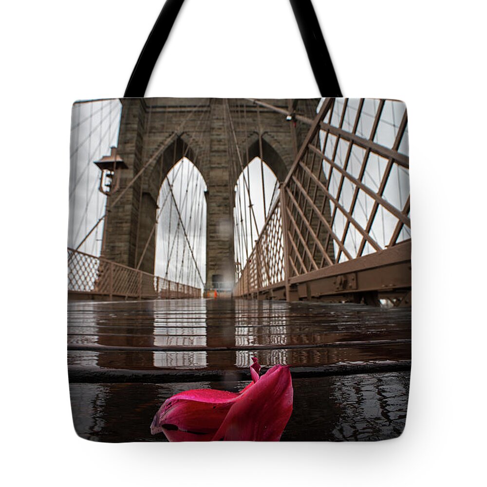 Brooklyn Tote Bag featuring the photograph Rainy Day on the Brooklyn Bridge Brooklyn New York Tulip Petals by Toby McGuire