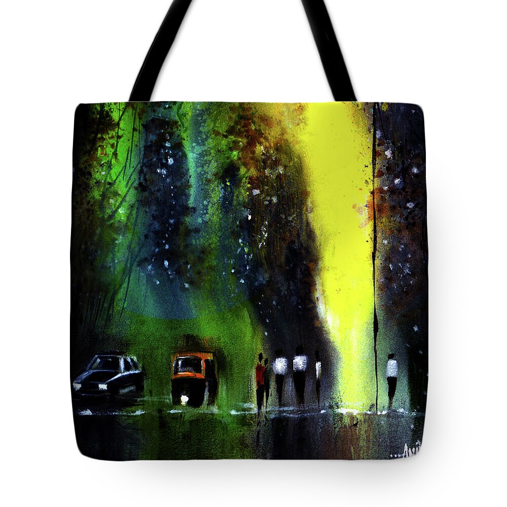 Nature Tote Bag featuring the painting Rainy Evening by Anil Nene
