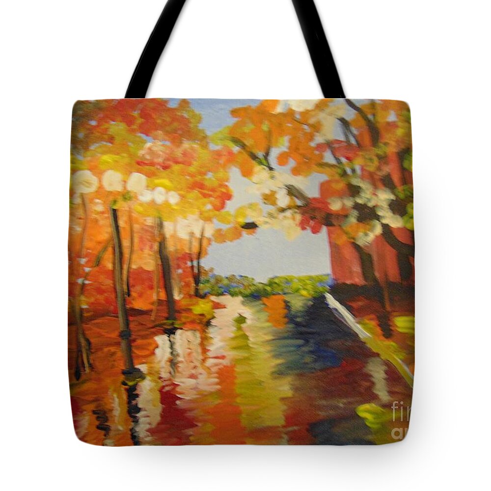 Impressionist Tote Bag featuring the painting Rainy Fall Night by Saundra Johnson