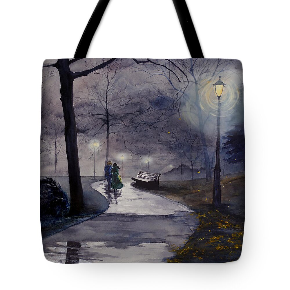 Central Park Tote Bag featuring the drawing Rainy Night in Central Park by Jill Westbrook