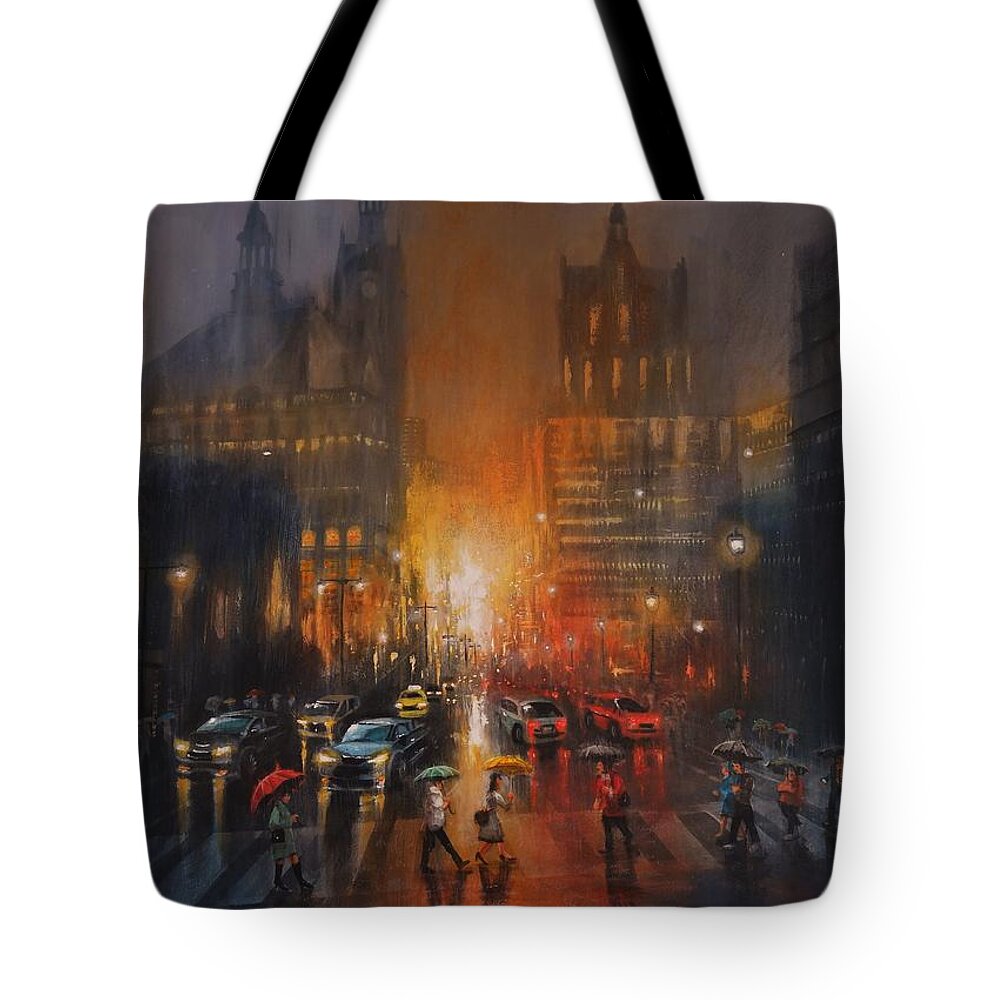 City Rainy Tote Bag featuring the painting Rainy Night by Tom Shropshire