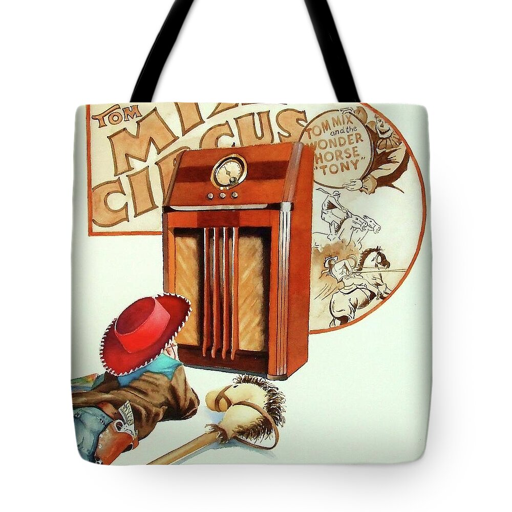 Radio Tote Bag featuring the painting Raised on the Radio 2 by Greg and Linda Halom