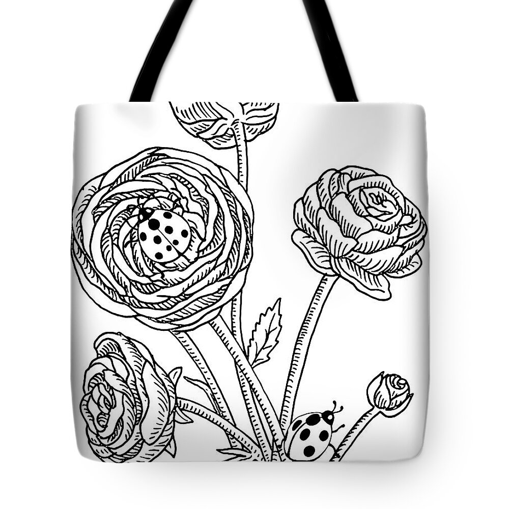 Ranunculus Tote Bag featuring the drawing Ranunculus Flower And Ladybugs Drawing by Irina Sztukowski