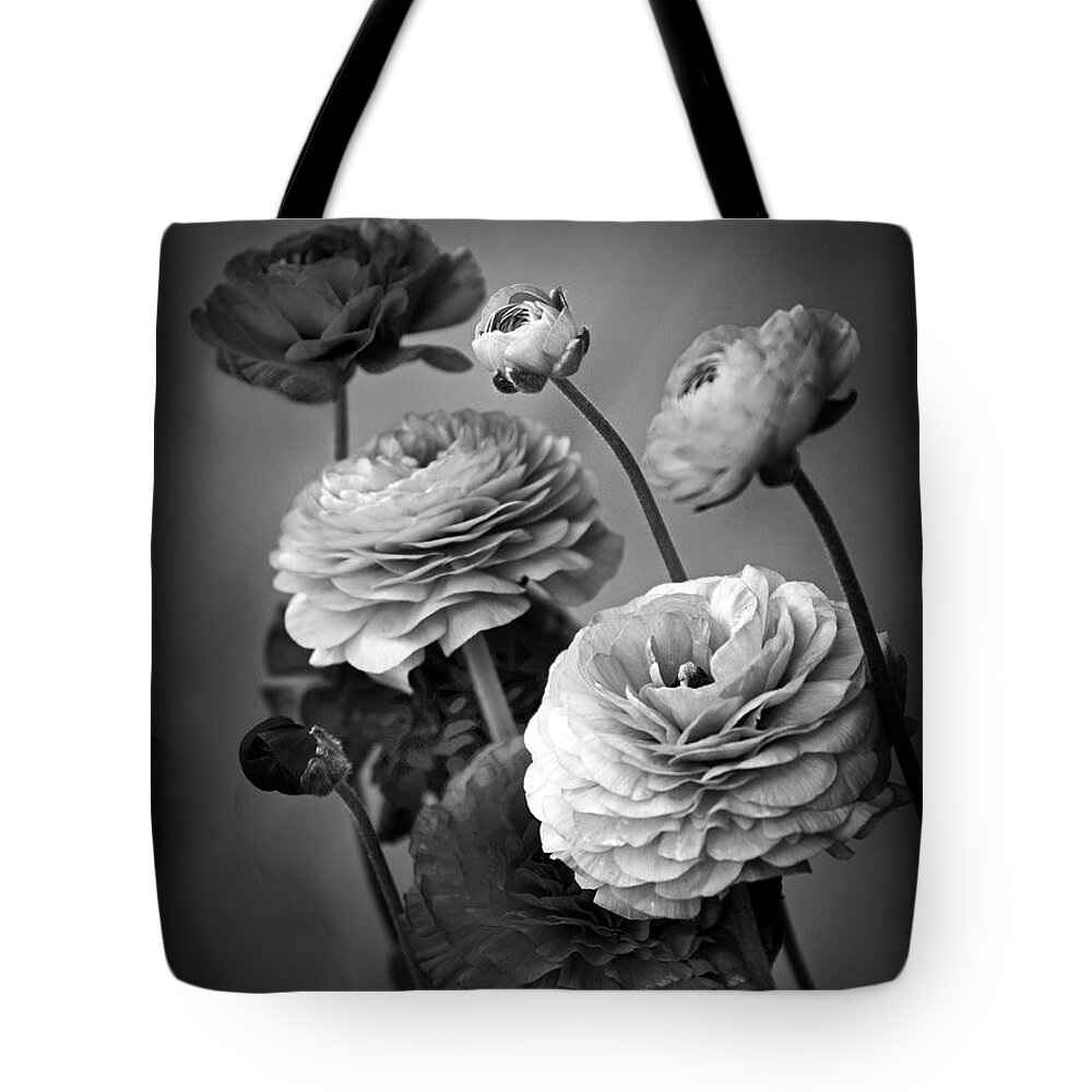 Ranunculus Tote Bag featuring the photograph Ranunculus in Monochrome by Jessica Jenney