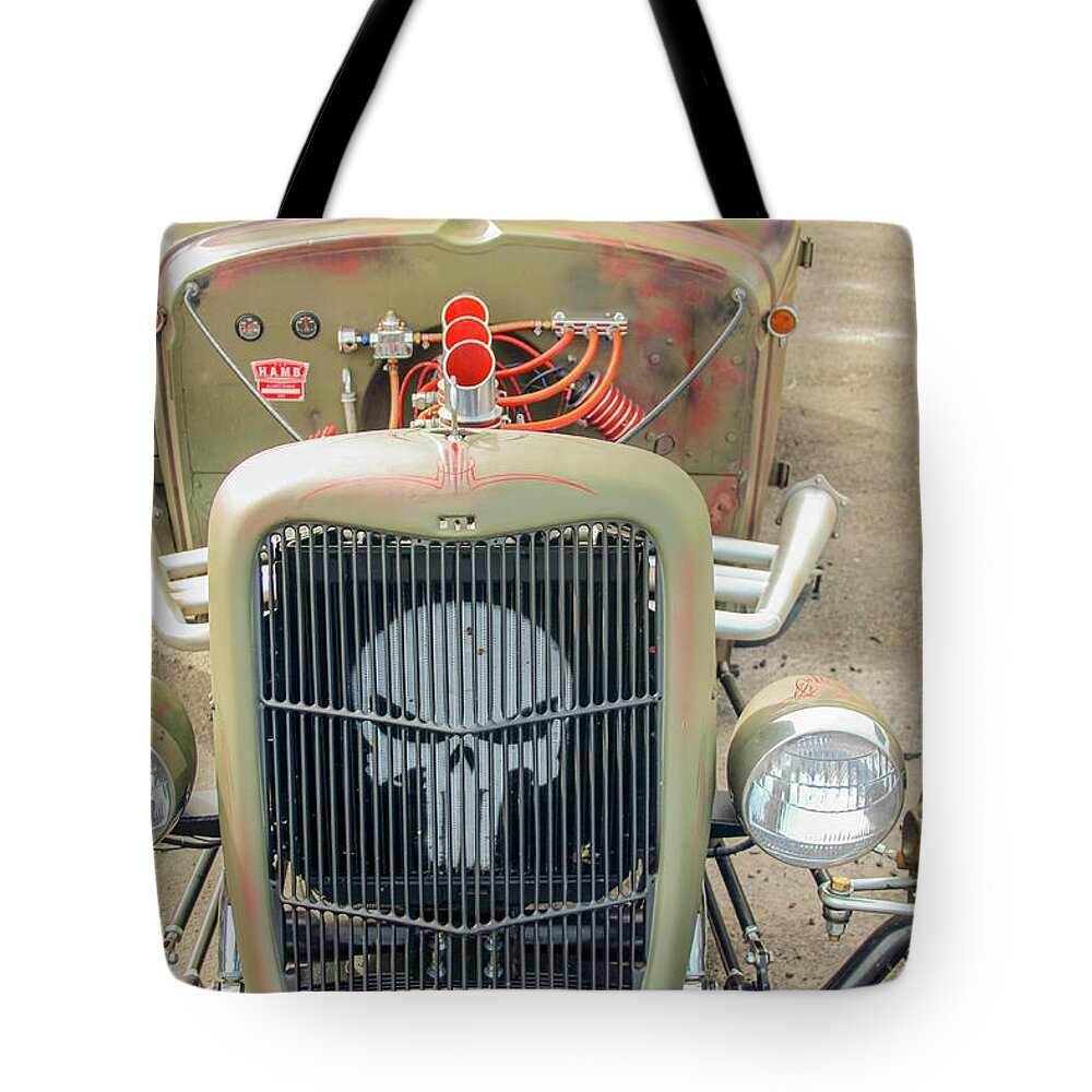 Ratrod Tote Bag featuring the photograph Ratrod Skull by Darrell Foster