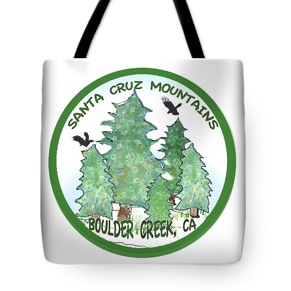 Redwood Trees Tote Bag featuring the tapestry - textile Ravens and Redwoods by Ruth Dailey