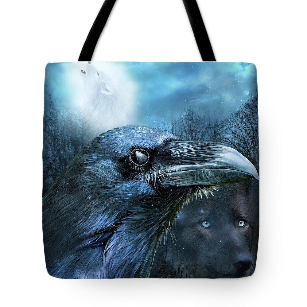 Carol Cavalaris Tote Bag featuring the mixed media Raven and Wolf - In The Moonlight by Carol Cavalaris