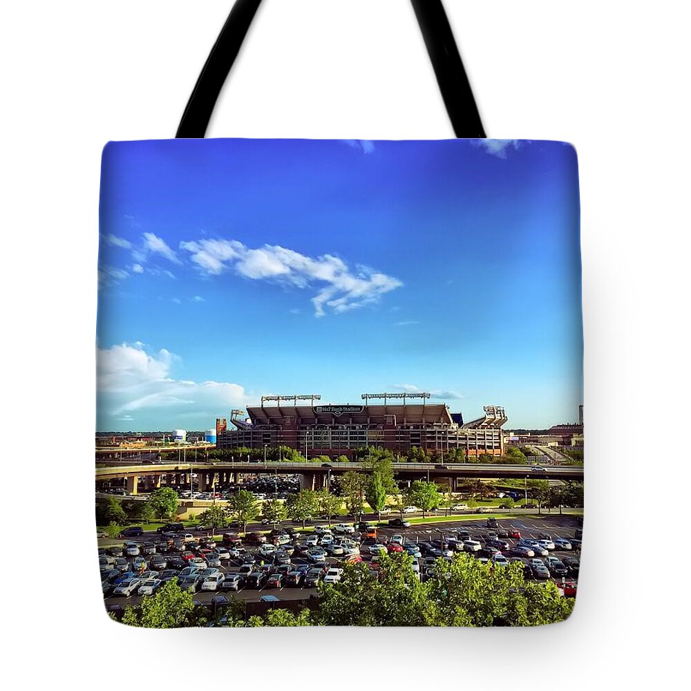 Football Tote Bag featuring the photograph Ravens Stadium by Chris Montcalmo