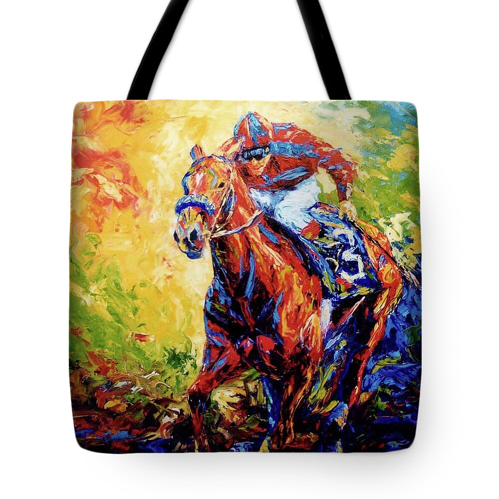 Horse Racing Tote Bag featuring the painting Raw Energy by Tom Chapman