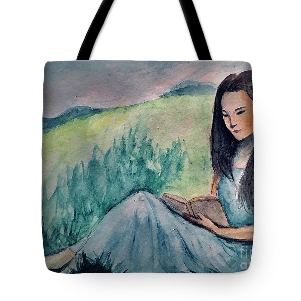 Reading Under A Tree Tote Bag featuring the painting I Love Books by Lavender Liu
